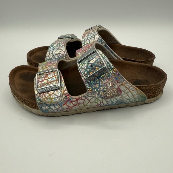 Birkenstock Arizona Vegan Flashy Hologram Silver Sandals Kids Size‎ 30 / US 12 - Picture 1 of 7